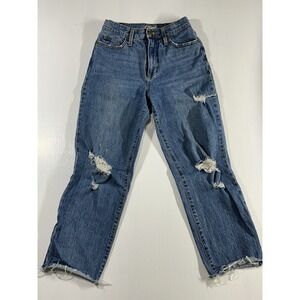 Women's Distressed Mom Jeans Vintage Wash High Rise Raw Hem Denim Pants